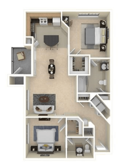 Floor plan for 2 beds, 2 baths, 1108 sqft